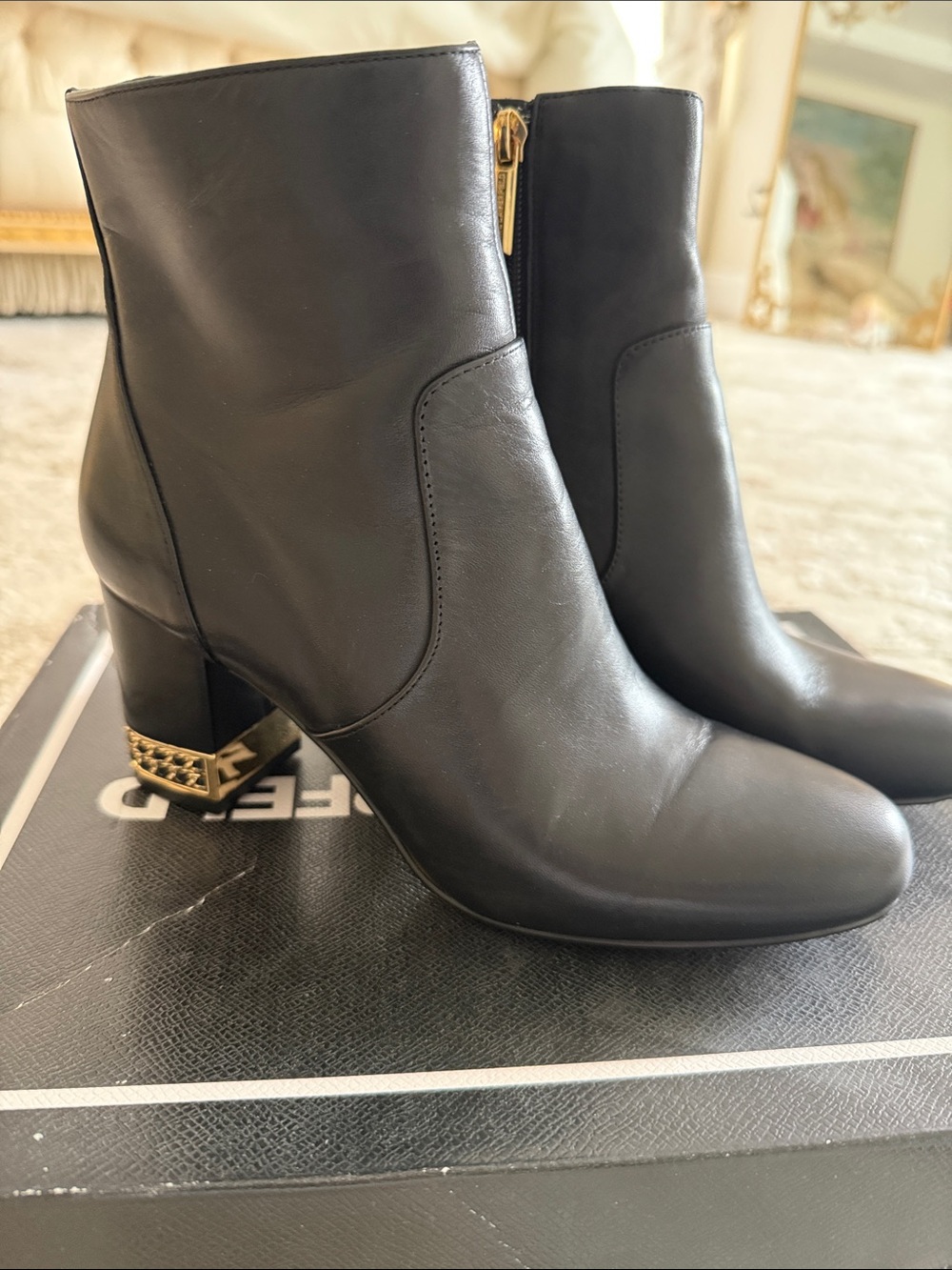Karl Lagerfeld Black Leather Ankle Boots with Gold Heel Detail